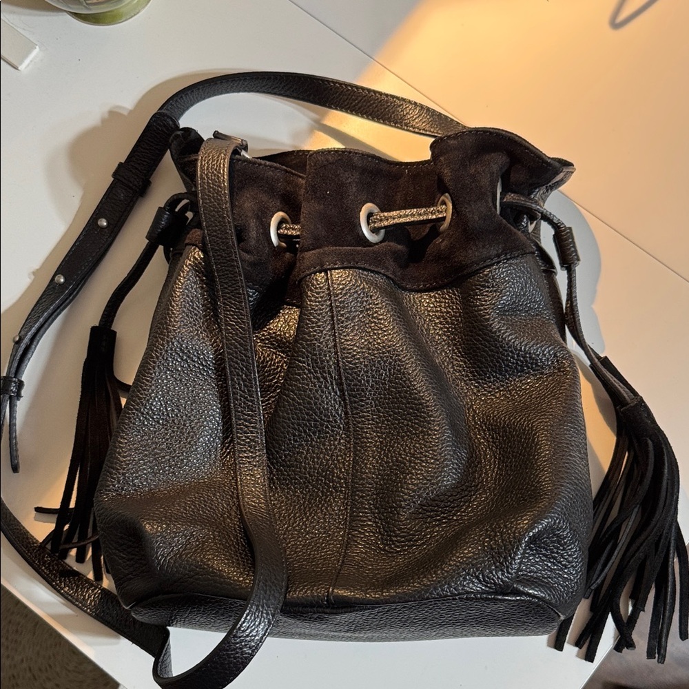 American Eagle Outfitters Black Leather Fringe Shoulder Bag Made in Italy